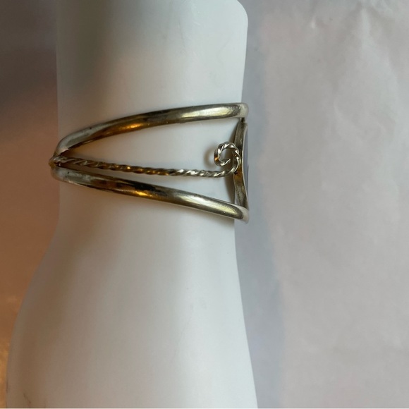 VINTAGE ALPACA MEXICO Blue Flower MOTHER OF PEARL Shell Mosaic CUFF BRACELET - Picture 8 of 12